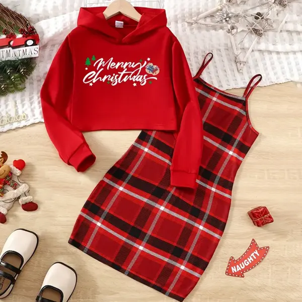 【3Y-10Y】2-piece Girls Christmas Letter Print Hooded Sweatshirt And Plaid Suspender Dress Set Only $21.99 - Popopieshop.com 