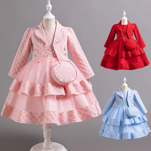 【3Y-12Y】3-piece Girls Elegant Party Sleeveless Multi-Layered Tulle Princess Dress And Lapel Blazer Set With Crossbody Bag - Popopieshop.com 