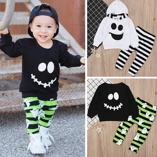 【12M-5Y】2-piece Boys Cute Halloween Smiley Ghost Print Sweatshirt And Pants Set - Popopieshop.com 