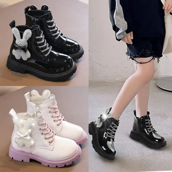 Girls Sweet Rabbit Rhinestone Patent Leather Martin Boots - Popopieshop.com 