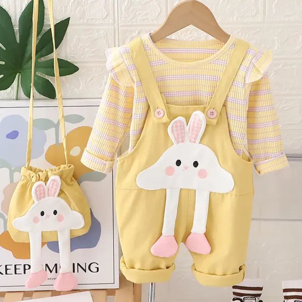 【9M-4Y】3-piece Girls Striped Long Sleeve T-shirt And Bunny Embroidered Overalls Set With Bags - Popopieshop.com 