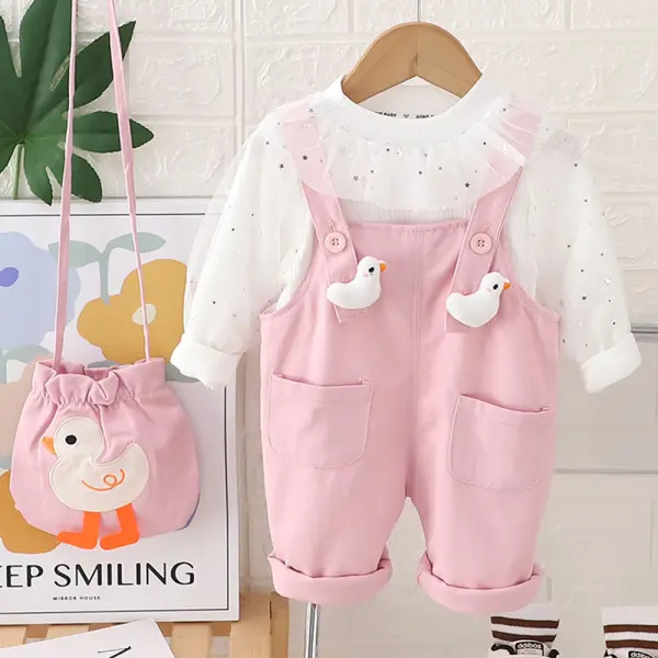 【9M-4Y】3-piece Girls Ruffle Long Sleeve T-shirt And Duck Embroidered Overalls Set With Bag - Popopieshop.com 