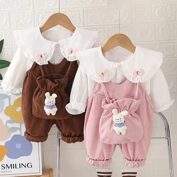 【9M-4Y】3-piece Girls Bunny Applique Long Sleeve Shirt And Corduroy Overalls Set With Bag - Popopieshop.com 