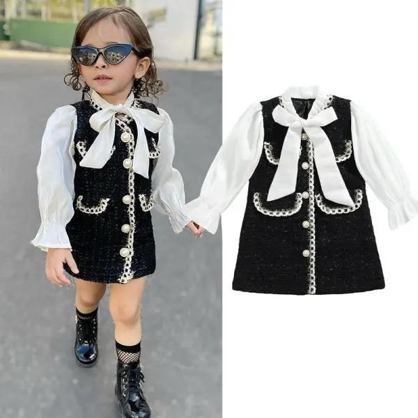 【18M-8Y】Girls Black Tweed Long Sleeve Dress - Popopieshop.com 