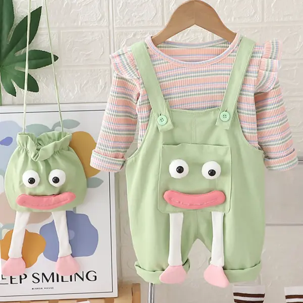 【9M-4Y】3-piece Girls Striped Long Sleeve T-shirt And Cartoon Embroidered Overalls Set With Bag - Popopieshop.com 