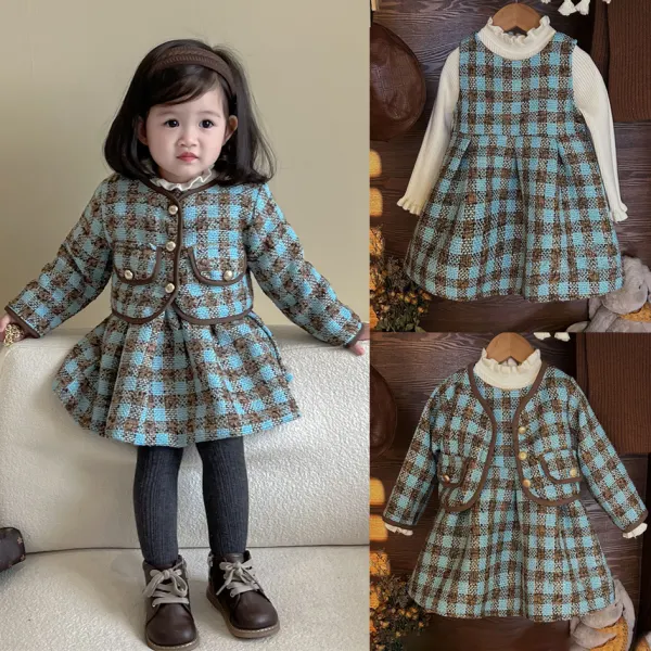 【12M-6Y】2-piece Girls Stylish Vintage Plaid Jacket And Dress Set (T-shirt Not Included) - Popopieshop.com 