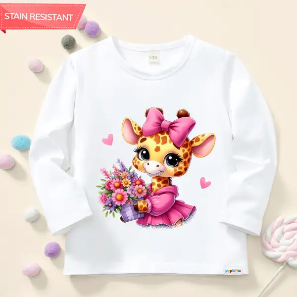 【12M-9Y】Girl Cute Giraffe Print Cotton Stain Resistant Long Sleeve T-shirt - Popopieshop.com 