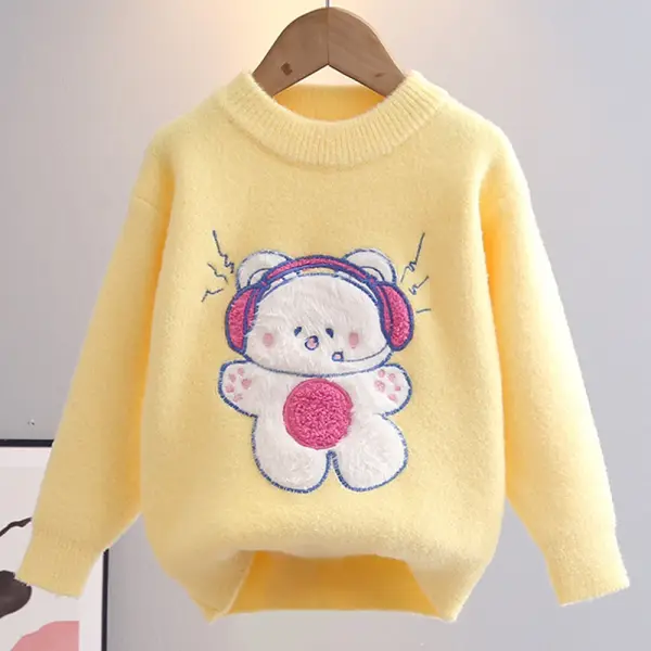 【3Y-10Y】Girls Bear Embroidered Round Neck Long Sleeve Sweater - Popopieshop.com 