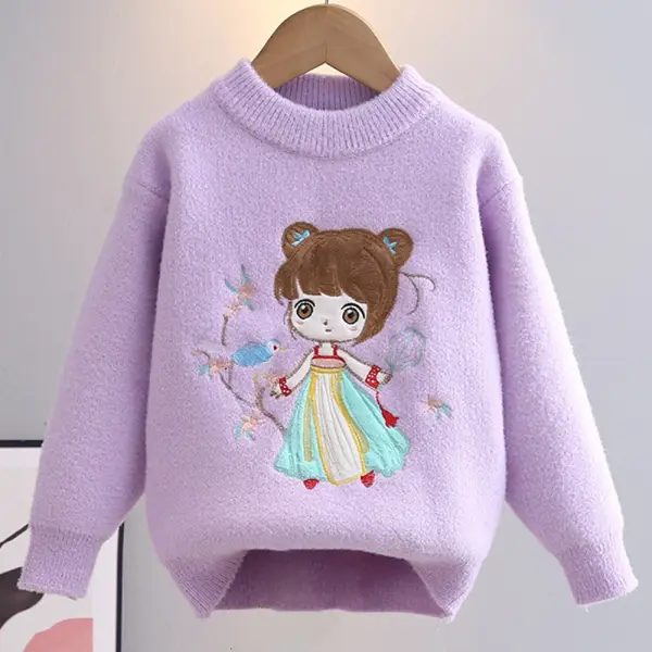 【3Y-10Y】Girls Cartoon Embroidery Round Neck Long Sleeve Sweater - Popopieshop.com 
