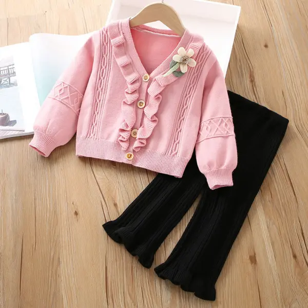 【18M-6Y】2-piece Girls Floral Applique Long Sleeve Sweater Cardigan And Pants Set - Popopieshop.com 