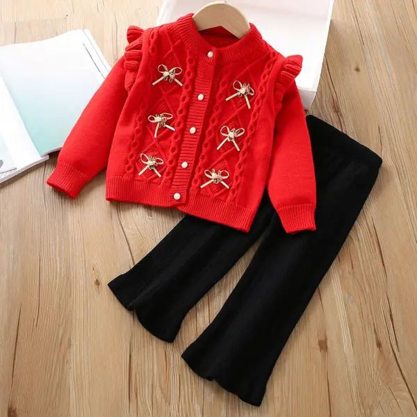 【18M-6Y】2-piece Girls Bow Applique Long Sleeve Sweater Cardigan And Pants Set - Popopieshop.com 