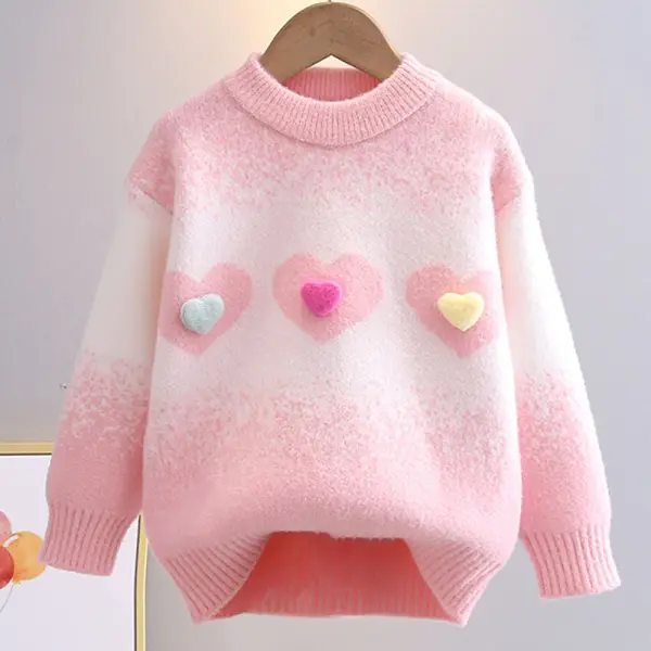 【3Y-10Y】Girls Gradient Heart Applique Round Neck Long Sleeve Sweater - Popopieshop.com 