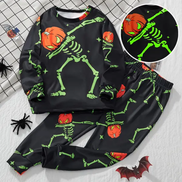 【2Y-8Y】2-piece Unisex Kids Black Luminous Halloween Print Long Sleeve Pajama Set - Popopieshop.com 