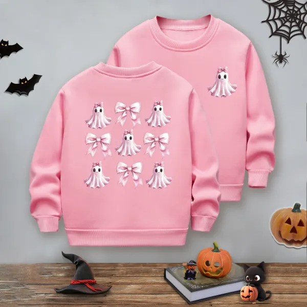 【2Y-10Y】Girls Cute Halloween Bow Ghost Print Padded Fleece Sweatshirt - Popopieshop.com 