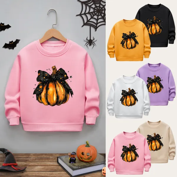 【2Y-10Y】Girls Stylish Halloween Bow Pumpkin Print Padded Fleece Sweatshirt - Popopieshop.com 