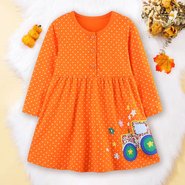 【1Y-7Y】Girls Flower And Tractor Embroidered Orange Polka Dot Dress - Popopieshop.com 