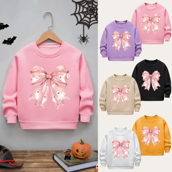 【2Y-10Y】Girls Cute Halloween Bow Ghost Print Padded Fleece Sweatshirt - Popopieshop.com 