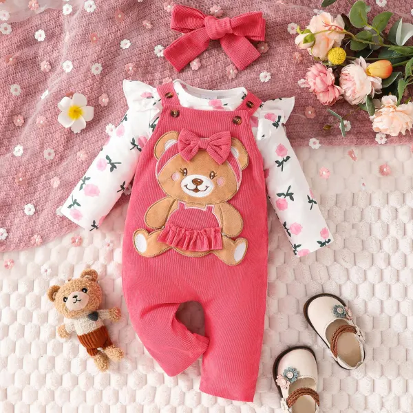 【0M-18M】3-piece Baby Girls Cute Floral Printed T-shirt And Bow Bear Embroidered Corduroy Overalls Set With Hairband - Thepopopie.com 