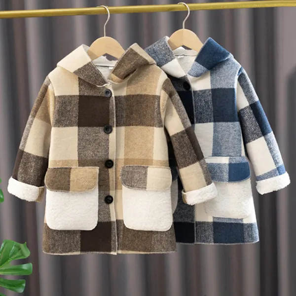 【3Y-12Y】Kids Fashion Padded Fleece Plaid Hooded Jacket - Popopieshop.com 