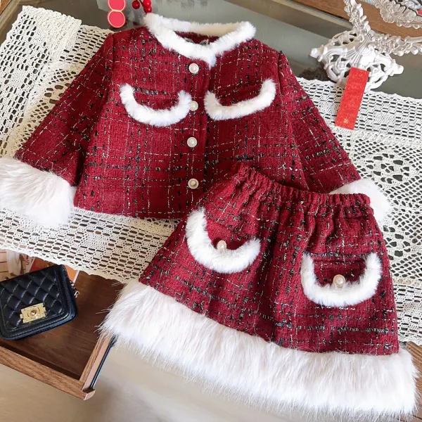 【18M-8Y】2-piece Girls Elegant Red Splicing Fur Long Sleeve Padded Coat And Skirt Set - Popopieshop.com 