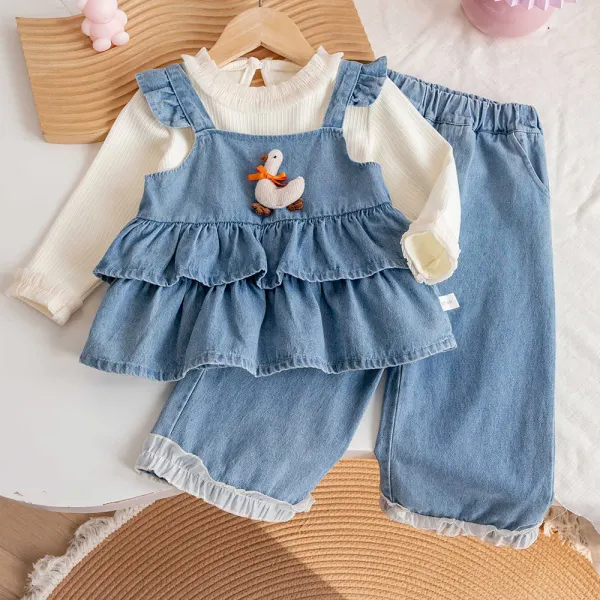 【18M-6Y】3-piece Girls Sweet White Long Sleeve T-shirt Ruffle Layered Sleeveless Denim Top And Jeans Set - Popopieshop.com 