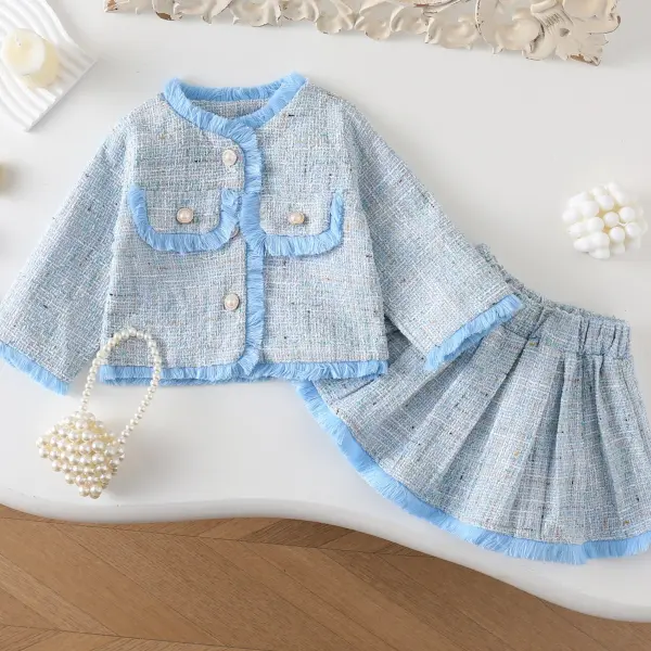 【18M-8Y】2-piece Girls Chanel Style Fringed Long Sleeve Coat And Pleated Skirt Set - Popopieshop.com 