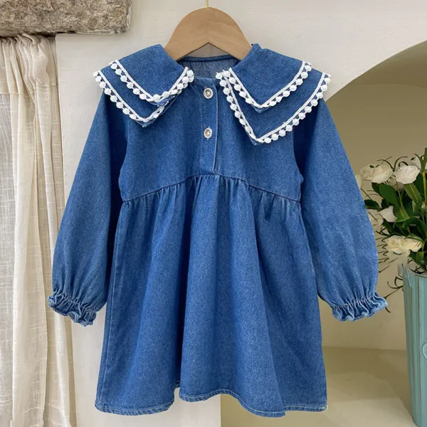 【12M-6Y】Girls Sweet Solid Color Denim Lapel Long Sleeve Dress - Popopieshop.com 