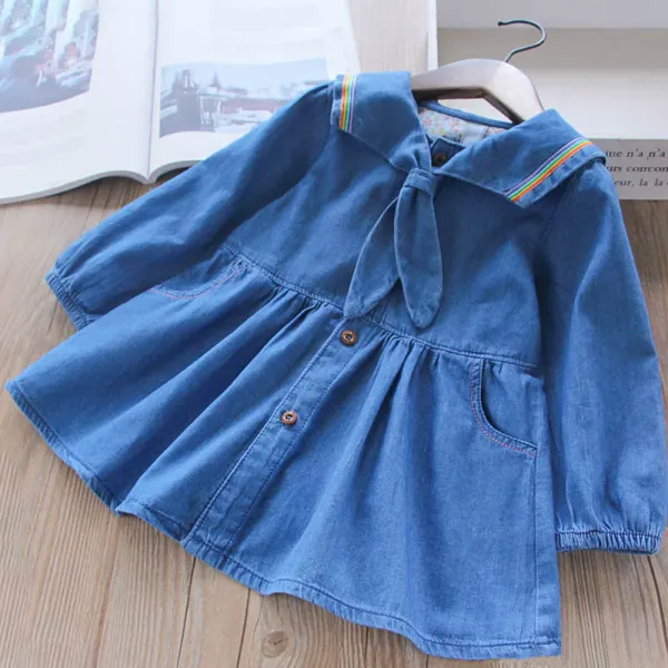 【18M-6Y】Girls Sweet Sailor Collar Blue Long Sleeve Denim Dress - Popopieshop.com 