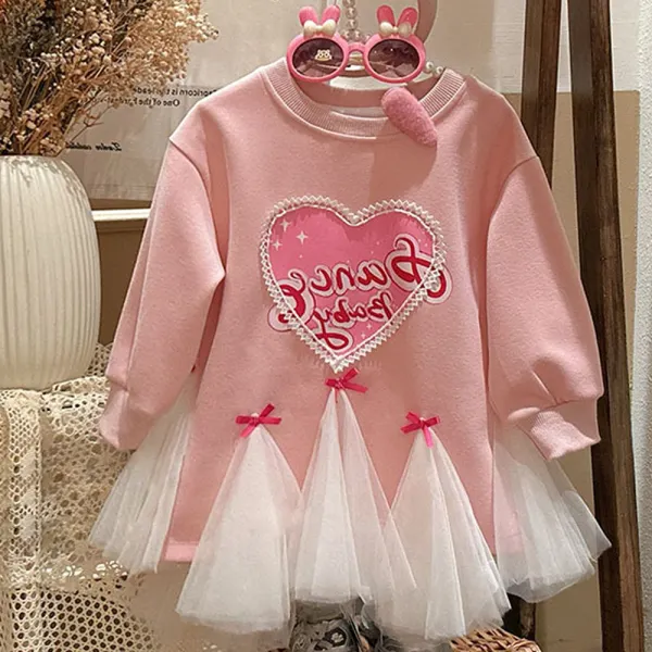 【18M-10Y】Girls Sweet Letter Heart Printed Spliced ​​Mesh Hem Sweater Dress - Popopieshop.com 