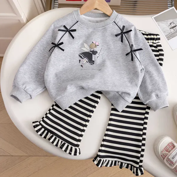 【18M-8Y】2-piece Girls Sweet Cartoon Princess Print Bowknot Round Sweatshirt And Striped Pants Set - Popopieshop.com 