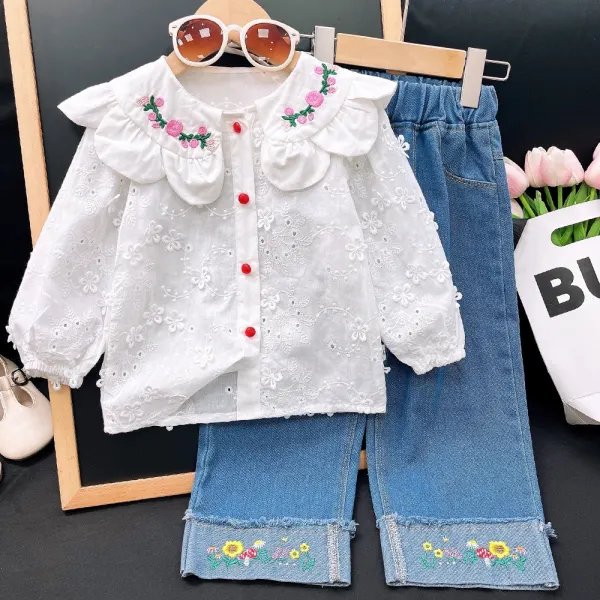 【2Y-8Y】2-piece Girls Sweet Floral Embroidery Doll Collar Long Sleeve Shirt And Wide Leg Jeans Set - Popopieshop.com 