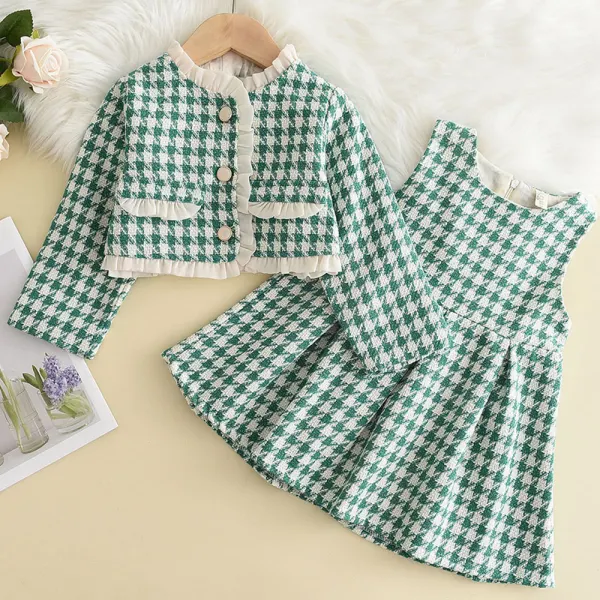 【18M-6Y】2-piece Girls Elegant Green Houndstooth Sleeveless Dress And Long Sleeve Coat Set - Popopieshop.com 
