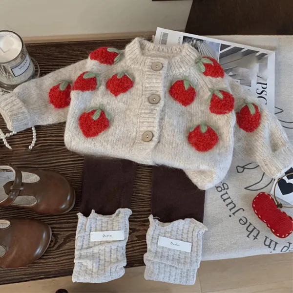 【12M-6Y】2-piece Girls Retro Strawberry Jacquard Keep Warm Sweater Coat And Colorblock Leggings Set - Popopieshop.com 