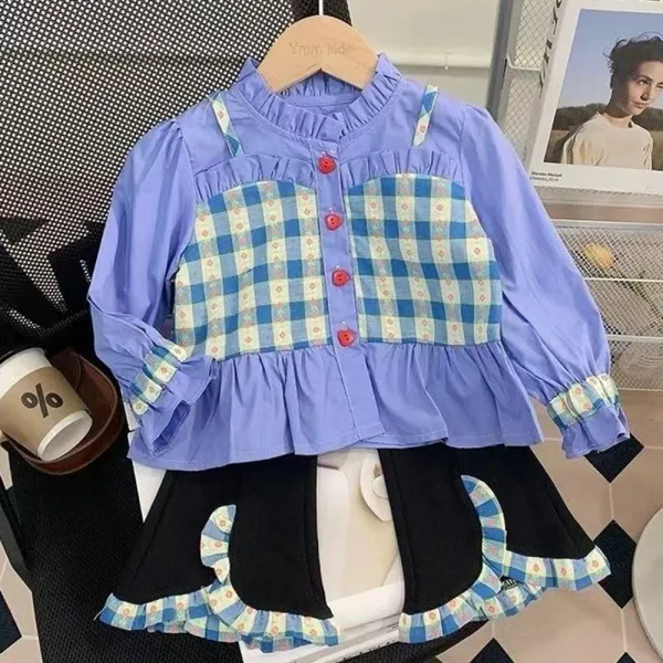 【2Y-8Y】2-piece Girls Sweet Plaid Stitching Ruffled Stand Collar Long Sleeve Shirt And Flared Pants Set - Popopieshop.com 