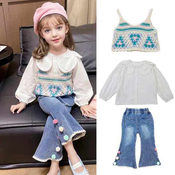 【2Y-8Y】3-piece Girls Sweet Petal Neck Long Sleeve Shirt Lace Suspender Tank Top And Flared Jeans Set - 34766 - Popopieshop.com 