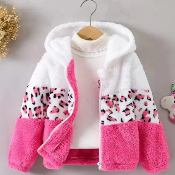 【18M-8Y】Girls Casual Leopard Print Sherpa Keep Warm Colorblock Hooded Coat - Popopieshop.com 