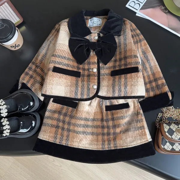 【18M-8Y】2-piece Girls Elegant Plaid Lapel Bowknot Padded Warm Coat And Skirt Set - Popopieshop.com 