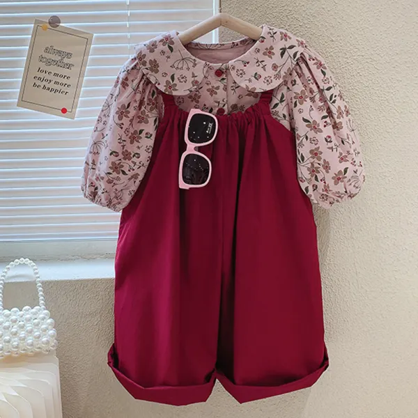 【2Y-8Y】2-piece Girls Retro Floral Doll Collar Long Sleeve Shirt And Loose Overalls Set - Popopieshop.com 