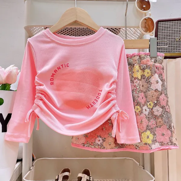 【2Y-8Y】2-piece Girls Sweet Heart Print Drawstring Long Sleeve T-shirt And Flower Sequin Skirt Set - Popopieshop.com 