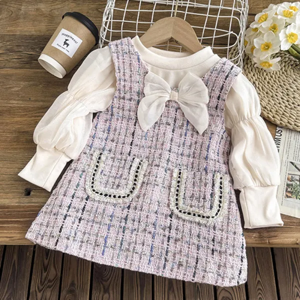 【12M-6Y】2-piece Girls Chanel Style Puff Sleeve T-shirt And Plaid Sleeveless Dress Set - Popopieshop.com 