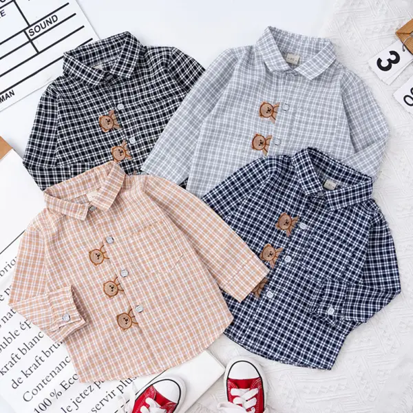 【9M-4Y】Boys Plaid Bear Embroidered Long Sleeve Shirt - Popopieshop.com 