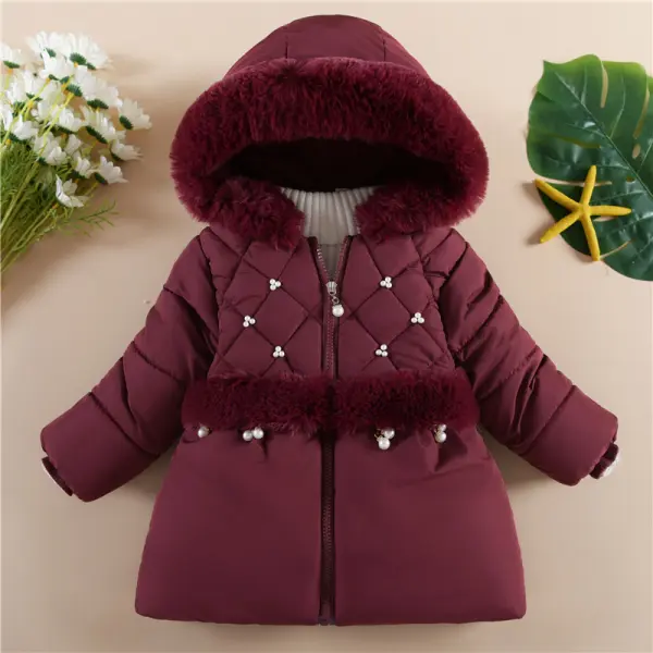 【12M-4Y】Girls Multicolour Thick Fleece Pearl Hooded Quilted Jacket - Popopieshop.com 