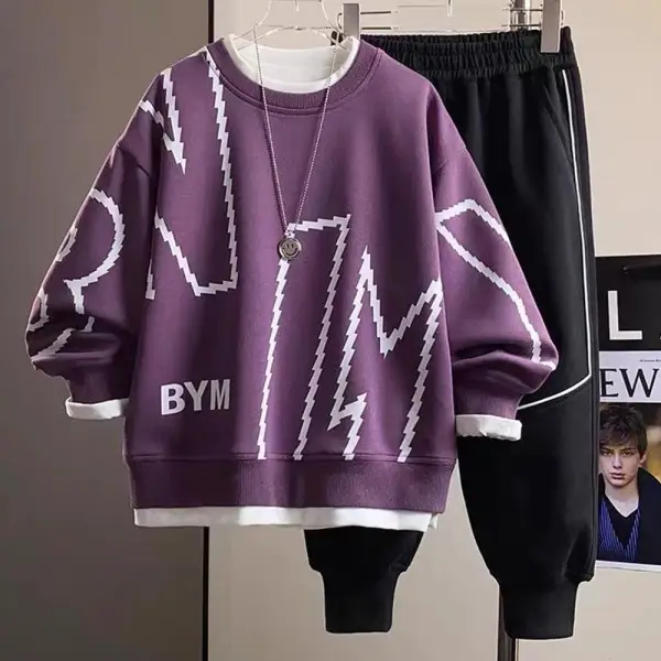 【2Y-12Y】2-piece Boys Geometric Letter Print Long Sleeve Sweatshirt And Pants Set - Popopieshop.com 