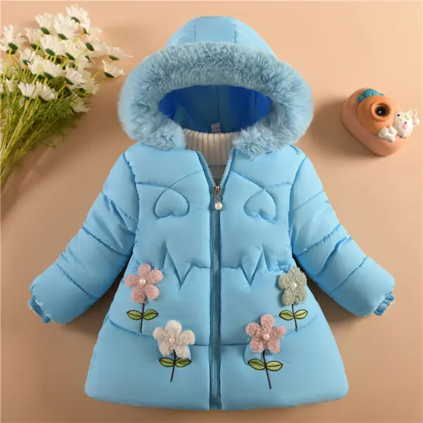 【12M-4Y】Girls Multicolour Thick Fleece Applique Hooded Quilted Jacket - Popopieshop.com 