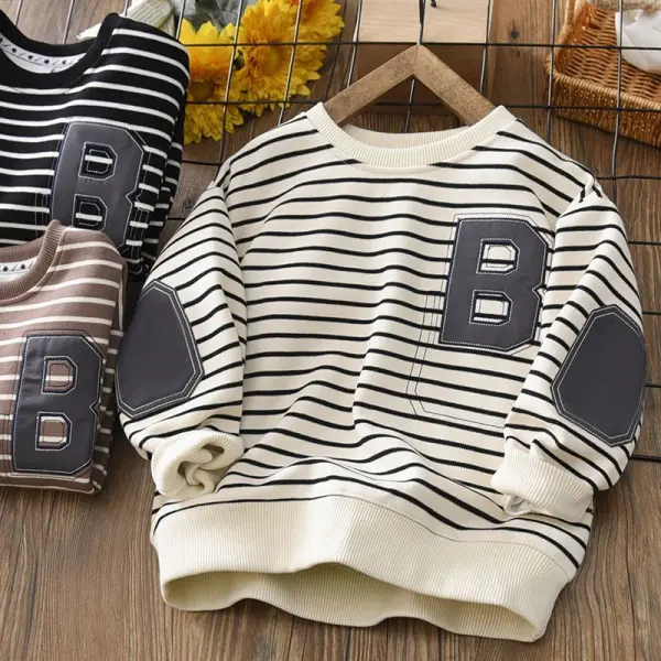 【3Y-12Y】Boys Striped Letter Embroidered Round Neck Long Sleeve Sweatshirt - Popopieshop.com 