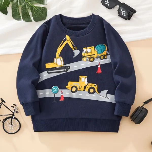 【2Y-8Y】Boys Casual Construction Vehicle And Excavator Print Navy Sweatshirt - Popopieshop.com 