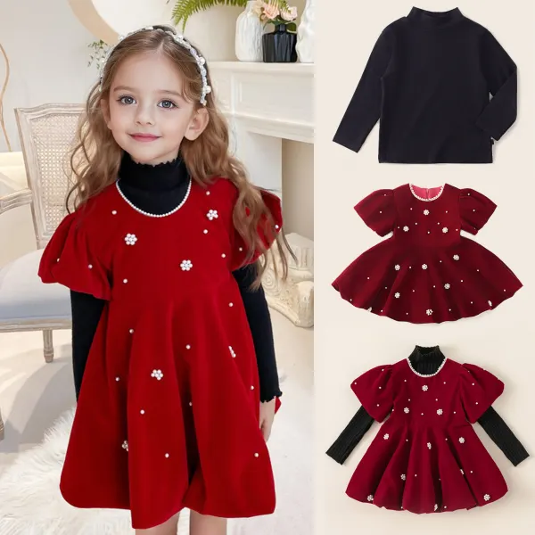 【18M-8Y】2-piece Girls Elegant Beaded Embroidered Red Velvet Dress And Black T-shirt Set - 34770 - Popopieshop.com 