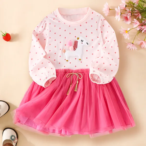 【18M-8Y】Girls Cute Unicorn Embroidered Pink Polka Dot Mesh Patchwork Dress - Popopieshop.com 