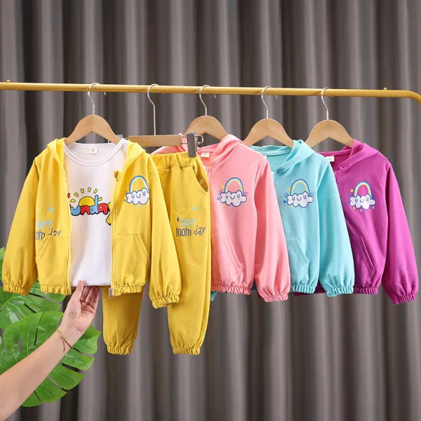 【12M-5Y】3-piece Kids Fashion Cartoon And Letter Print T-shirt And Hooded Sweatshirt And Sweatpants Set - Popopieshop.com 