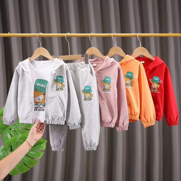 【12M-5Y】3-piece Kids Fashion Cartoon And Letter Print T-shirt And Hooded Sweatshirt And Sweatpants Set - Popopieshop.com 
